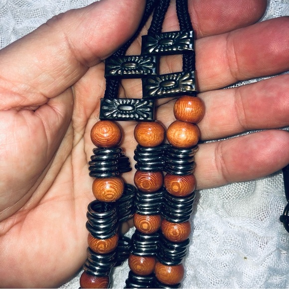 Layered Brown and Black Beaded belt with Patterned Strands, boho style belt 37” - Picture 2 of 6